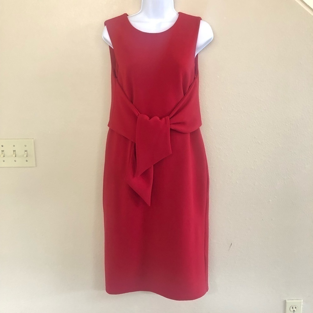 Sharagano Woman’s Red Stretch Crepe Crew Neck Knit Front Tie Sheath Dress Size 4
